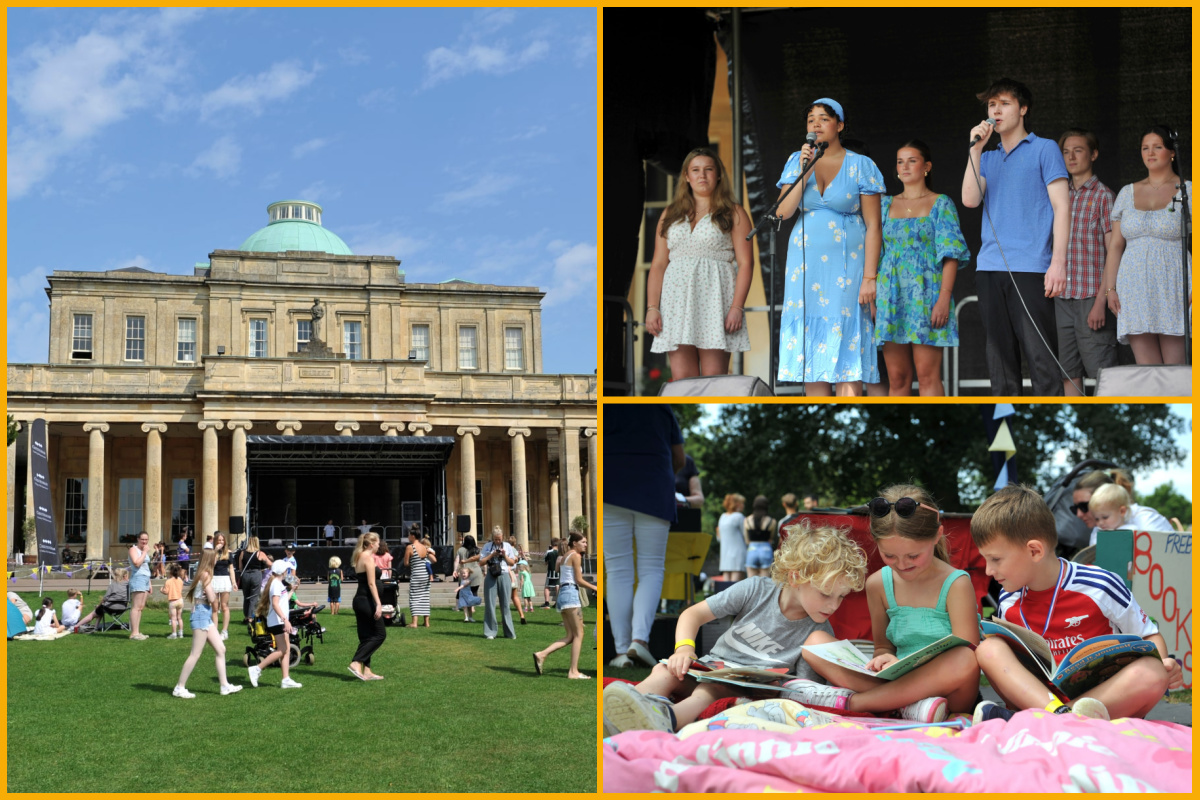 A collage of images of people outside of Pittville Pump Room, live performances and children reading photographed by Mikal Ludlow Photography.